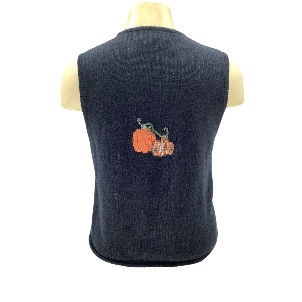 Vintage 90’s Art To Wear Black Knit Vest Appliqué Pumpkins Fall Thanksgiving XL - Picture 4 of 6